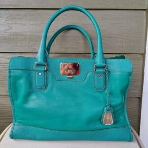Cole Haan Sea Green Leather Satchel Shoulder Handbag Purse Silver Bag Charm